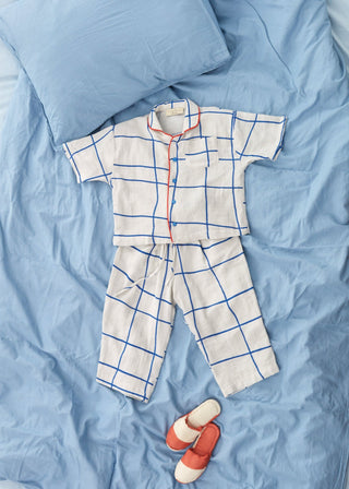 Mavi Kareli Müslin Pijama Takımı